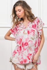 BiBi Floral Print Flutter Sheer Top OutfitFlow