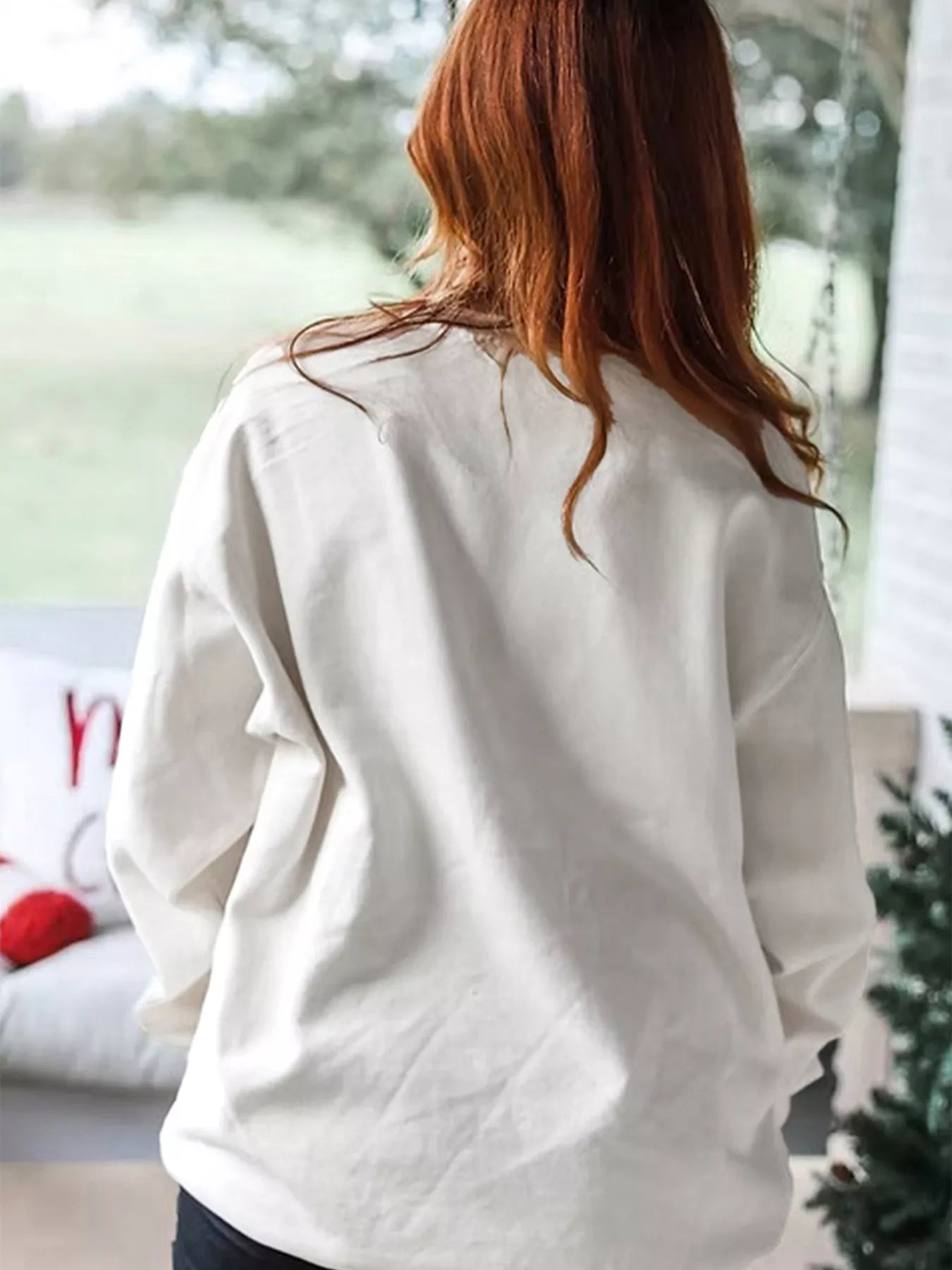 Pearl Plaid Christmas Tree Patched Drop Shoulder Sweatshirt OutfitFlow