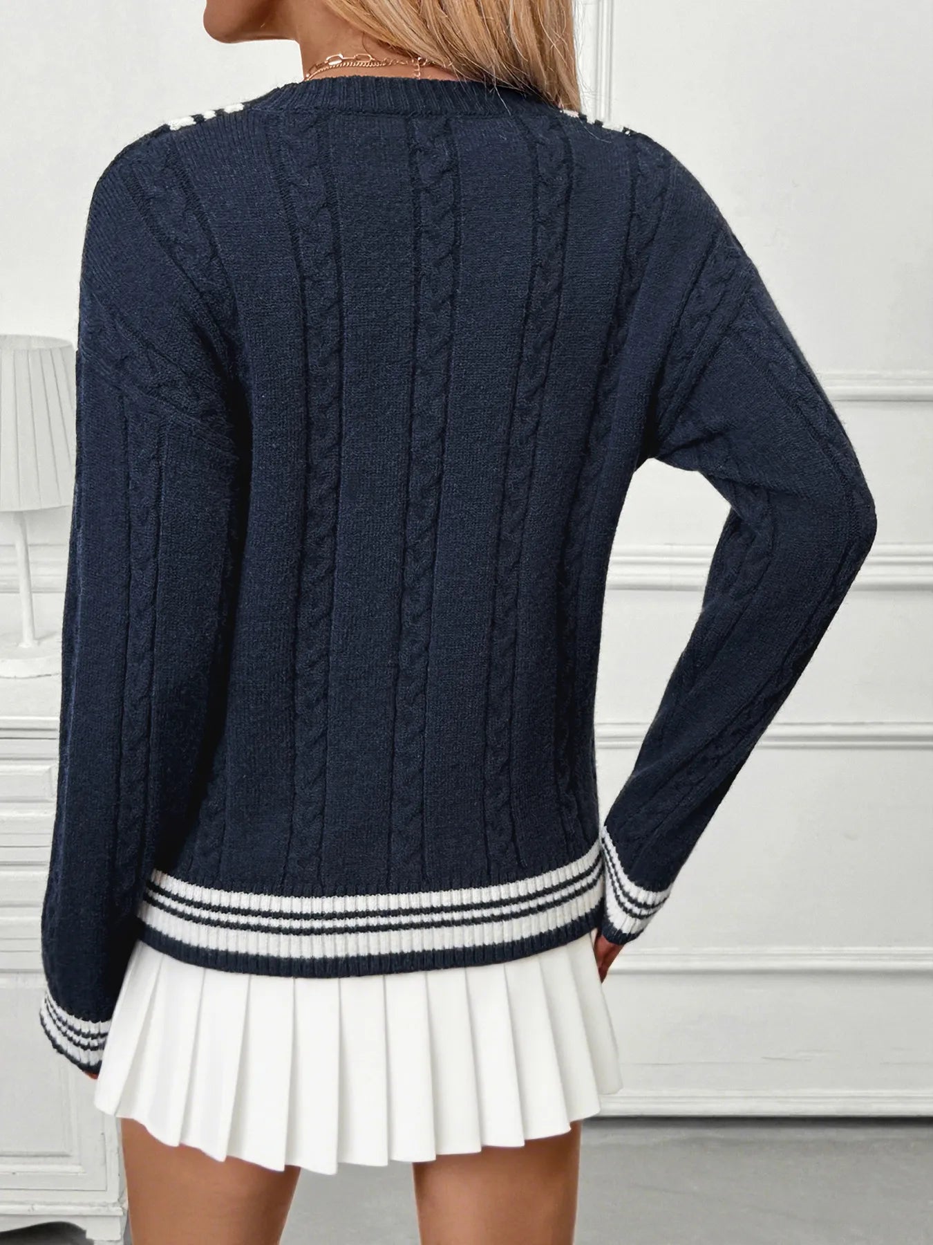 Contrast Striped V-Neck Sweater OutfitFlow