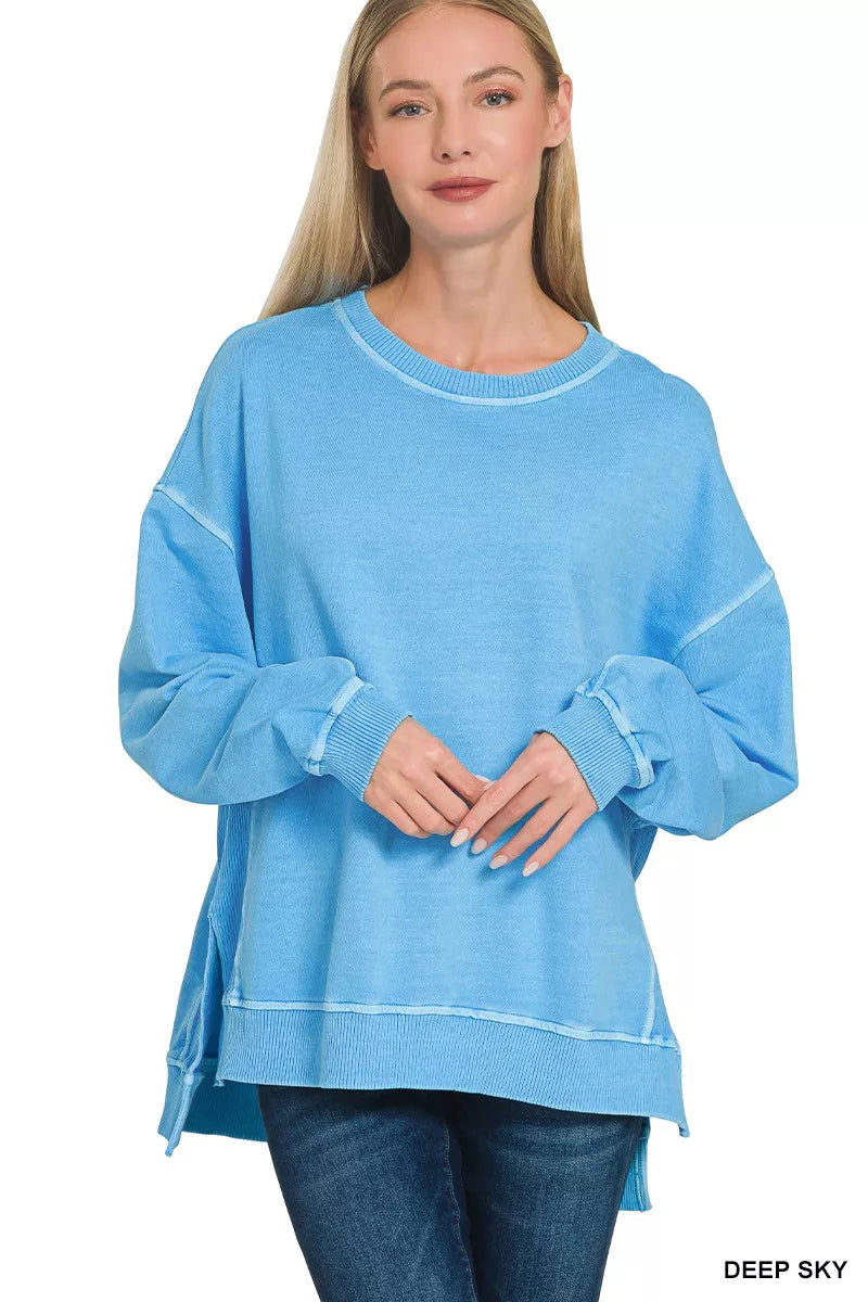 Zenana Full Size French Terry Pigment Dye & Enzyme Washing Pullover Plus Size DEEP SKY OutfitFlow
