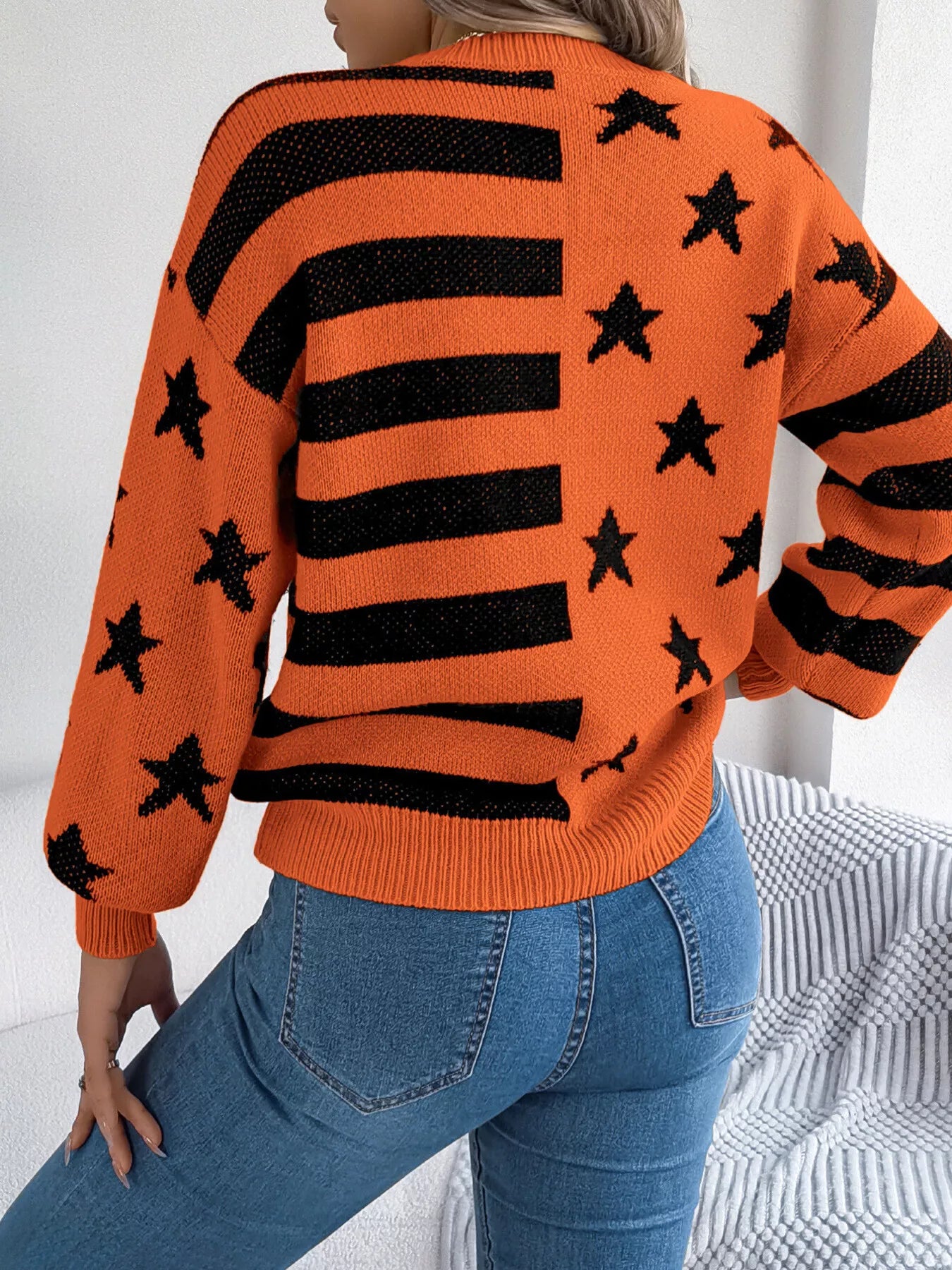Stars and Stripes Pattern Casual Round Neck Sweater OutfitFlow
