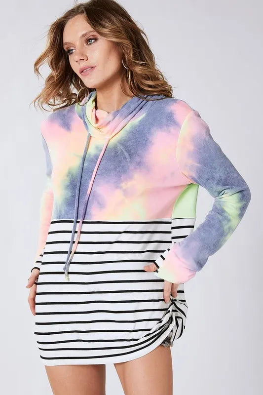 BiBi Tie Dye French Terry Cowl Neck Top OutfitFlow
