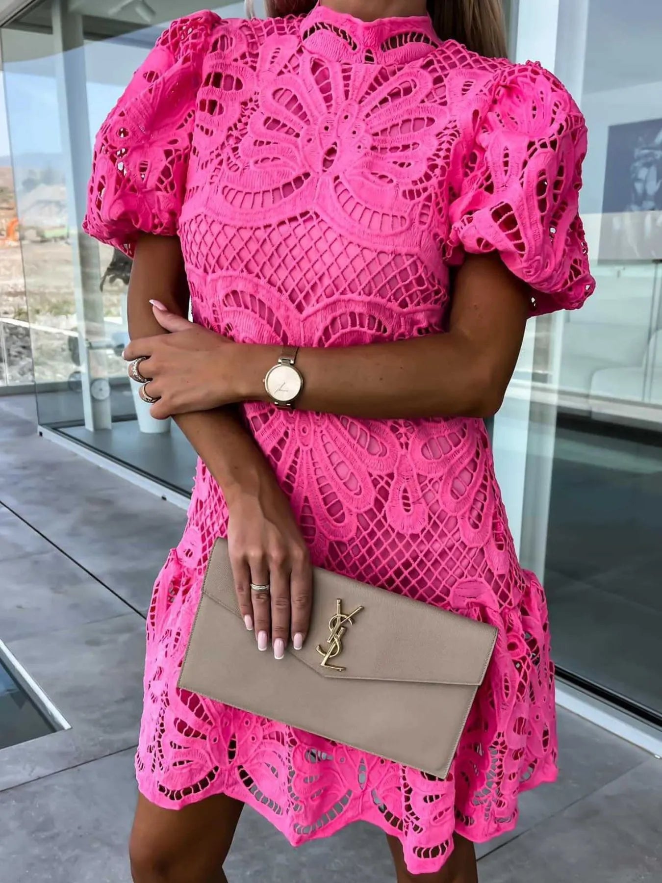 Lace Mock Neck Puff Sleeve Dress Rose Red OutfitFlow