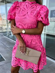Lace Mock Neck Puff Sleeve Dress Rose Red OutfitFlow