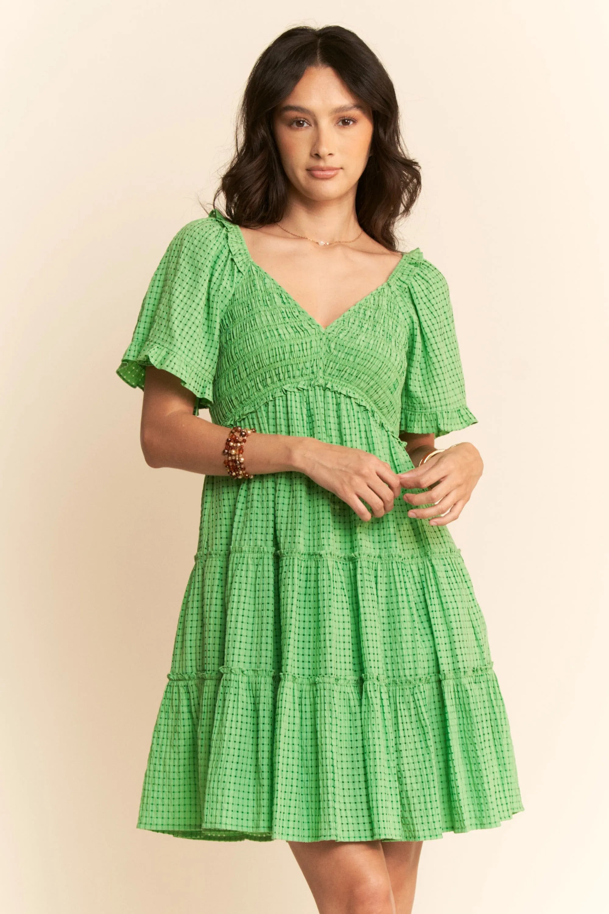 Davi & Dani Jacquard Checker Smocking Tiered Dress OutfitFlow