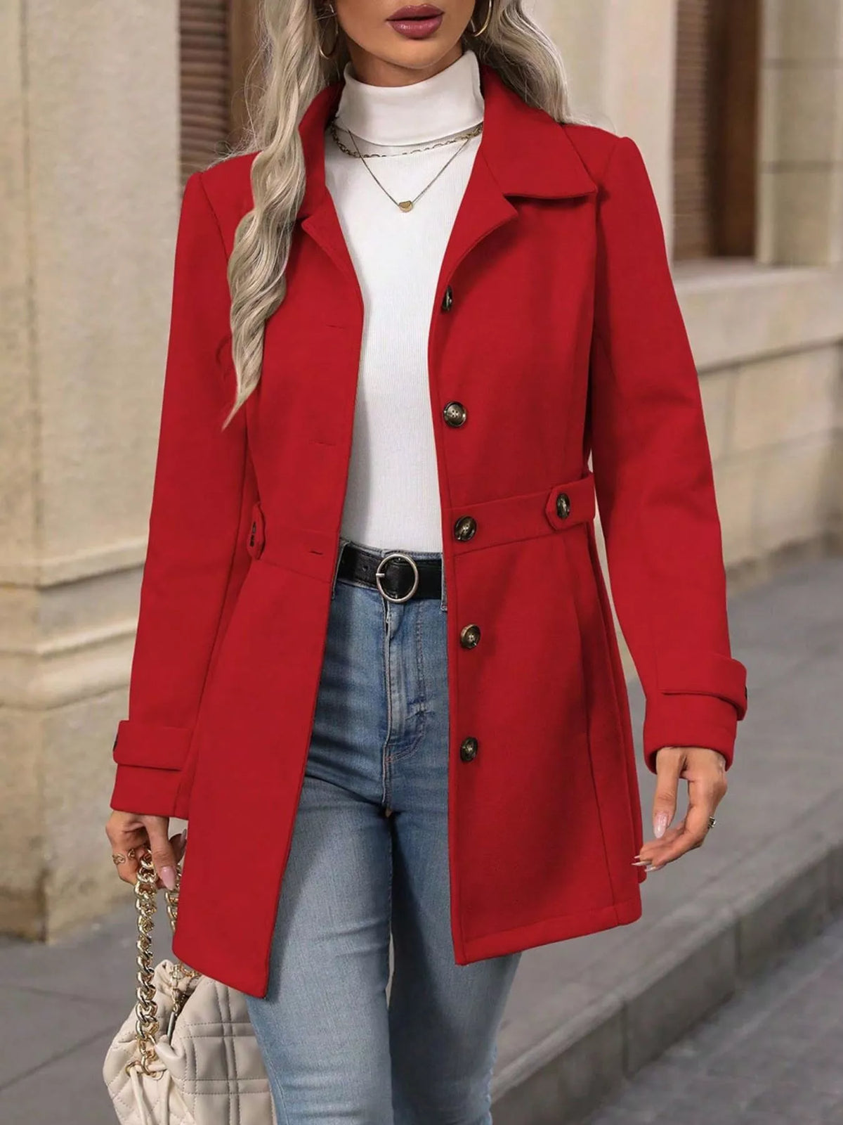 Button Up Long Sleeve Coat Red OutfitFlow