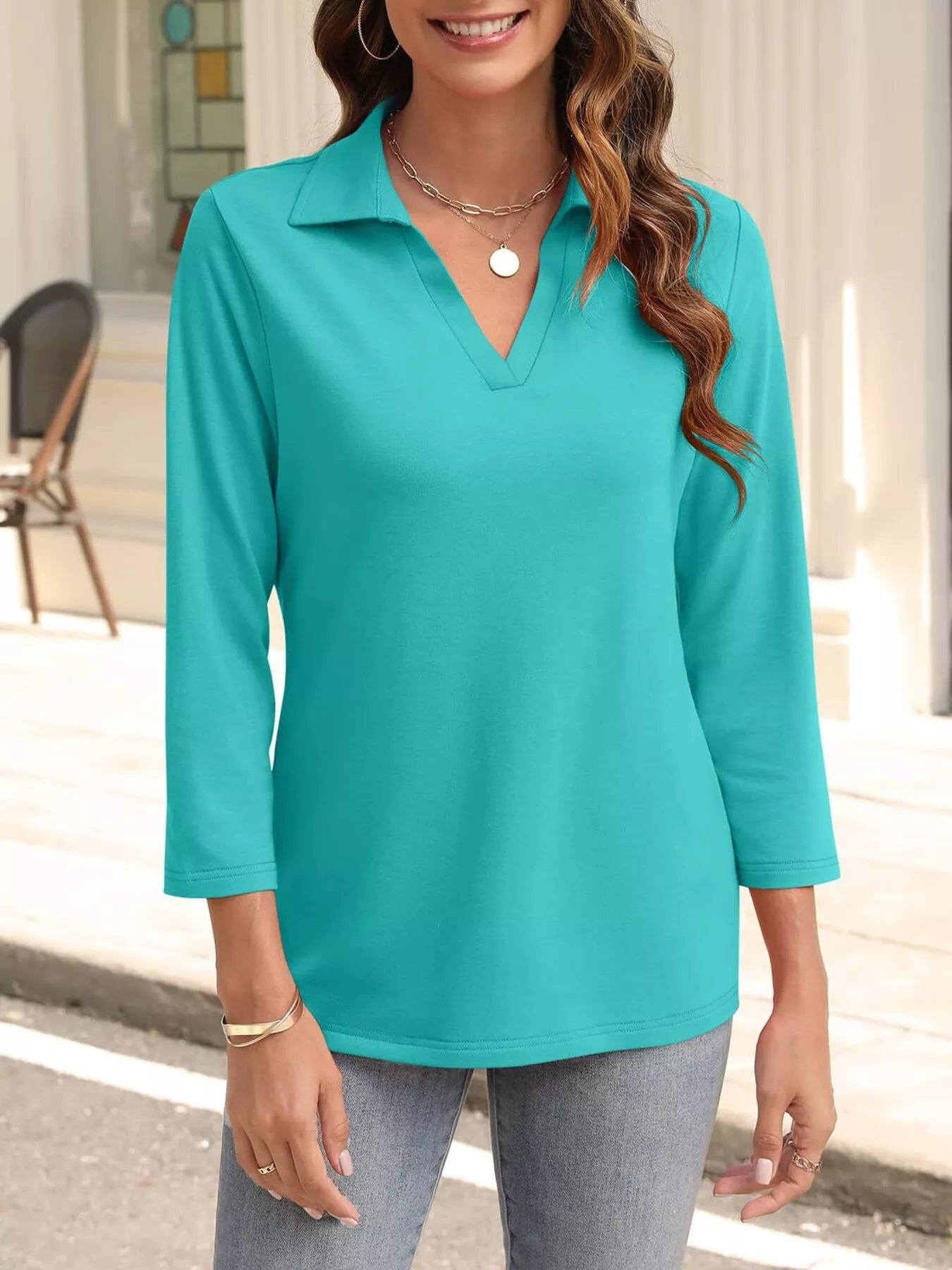 Johnny Collar Solid Color Top Turquoise OutfitFlow