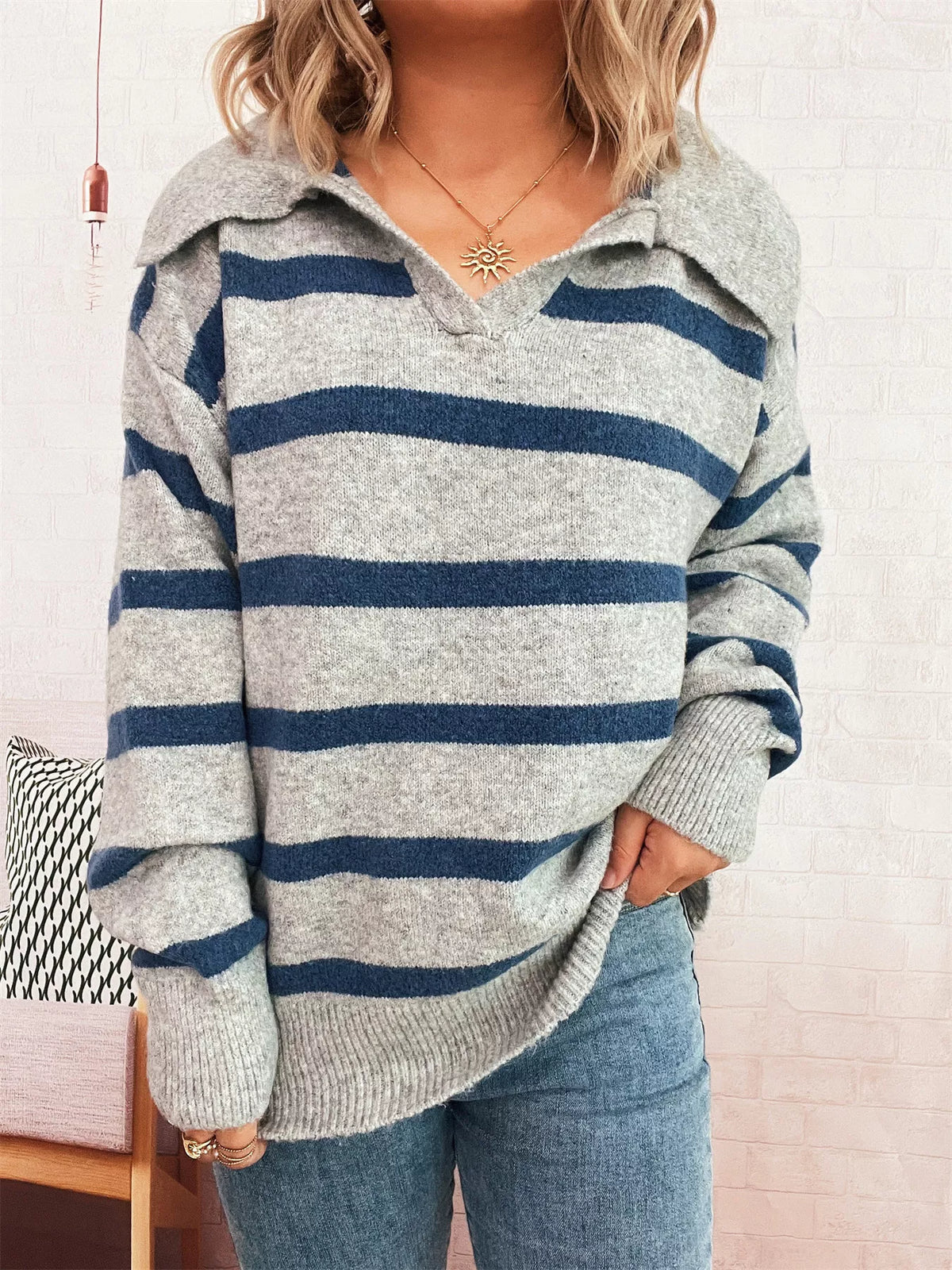 Striped Dropped Shoulder Sweater Gray One Size OutfitFlow