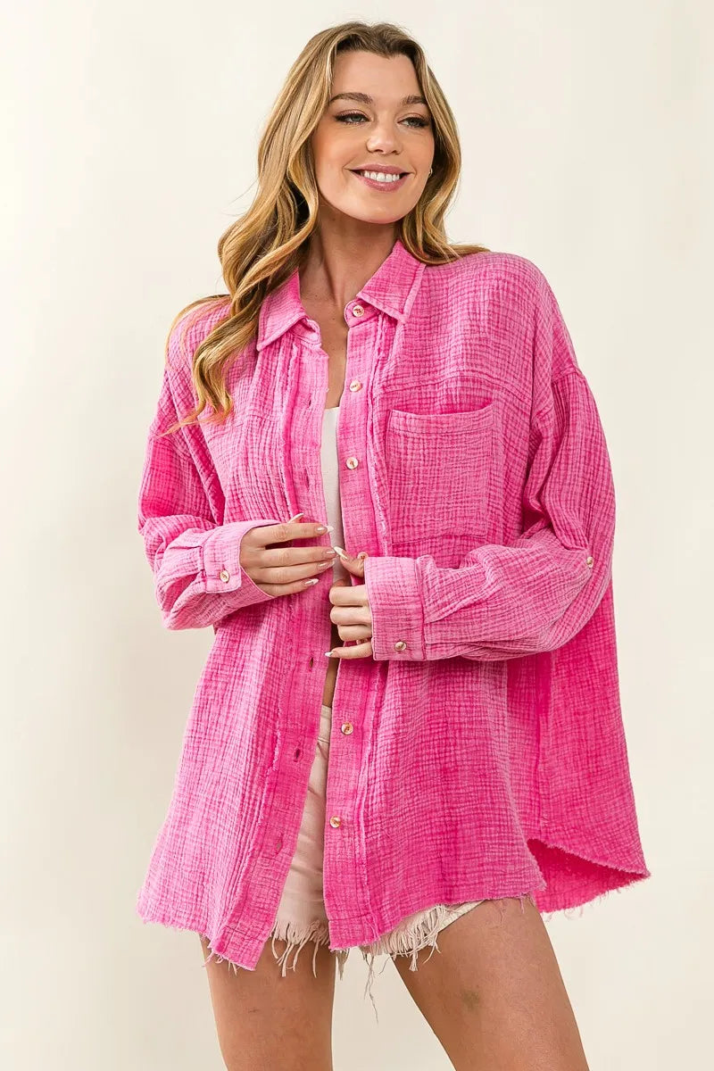 BiBi Raw Edge Detailed Mineral Washed Loose Fit Shirt OutfitFlow
