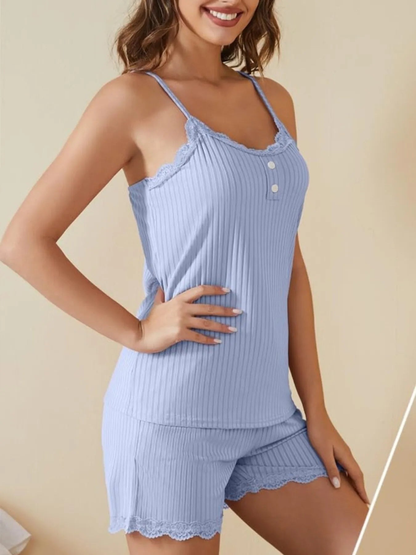 Lace-Trimmed Ribbed Cami and Shorts Lounge Set Light Blue OutfitFlow