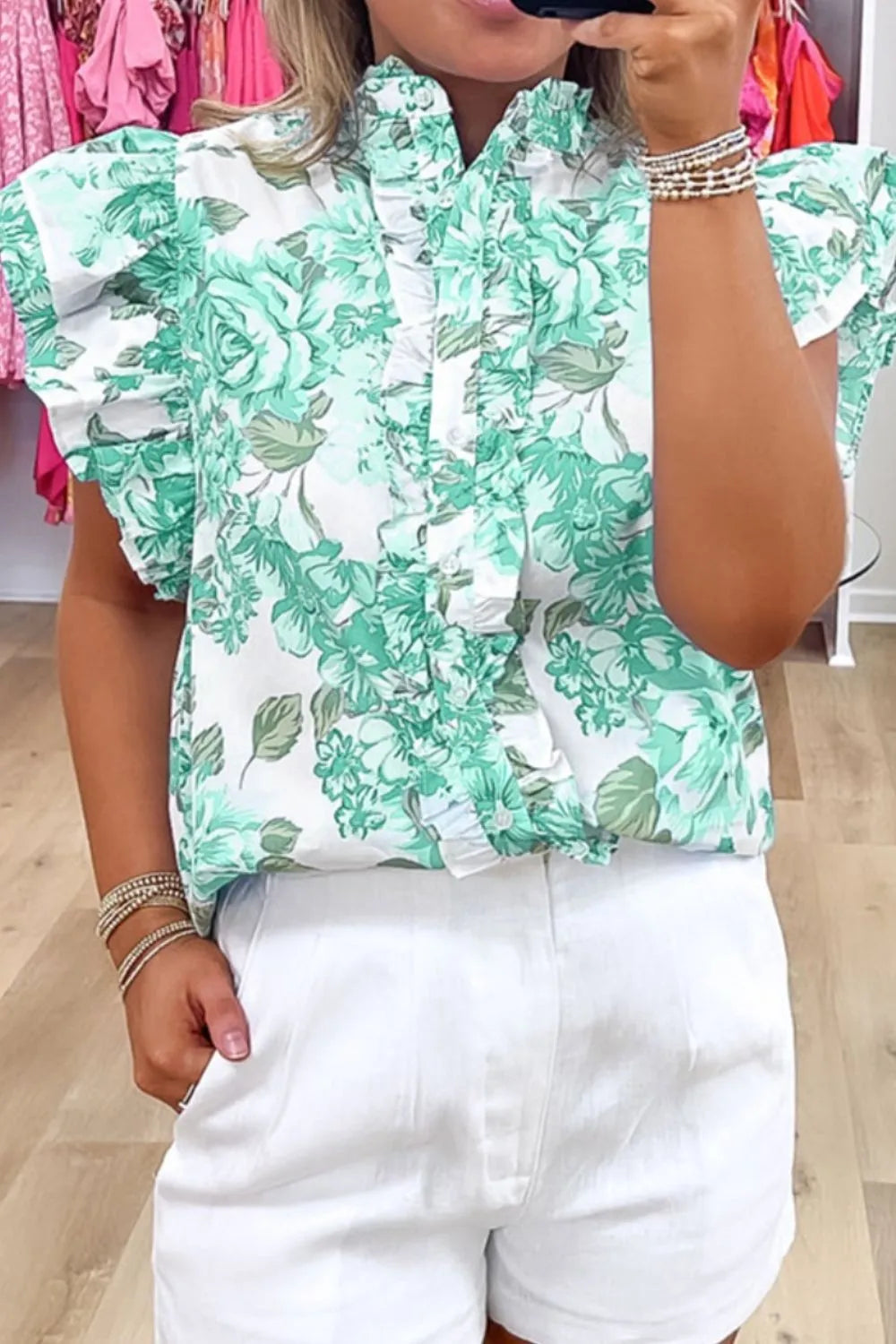 Printed Ruffled Sleeve Button-Up Blouse OutfitFlow
