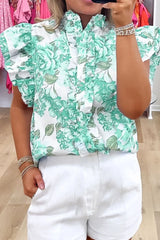 Printed Ruffled Sleeve Button-Up Blouse OutfitFlow