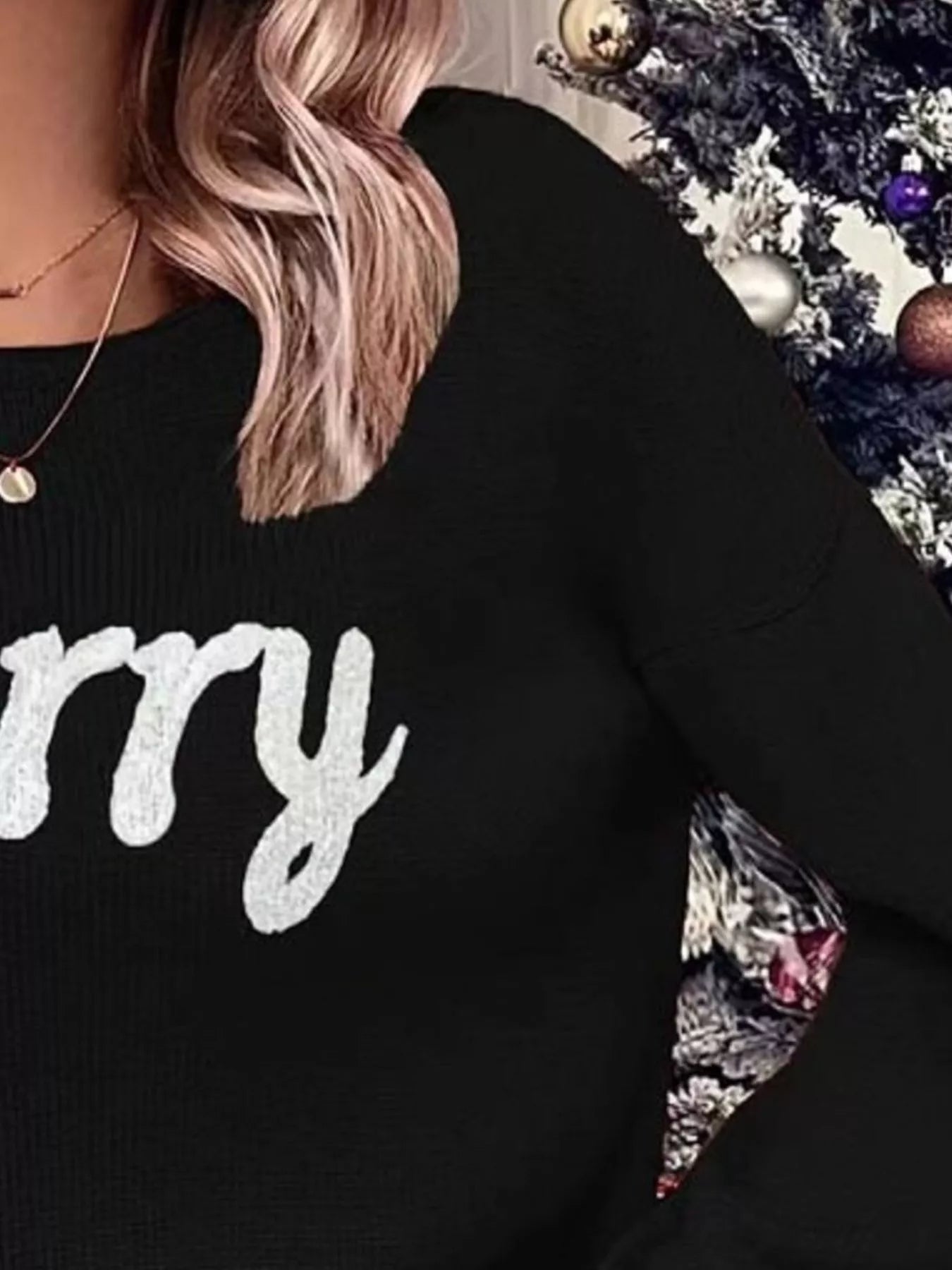 Merry Round Neck Dropped Shoulder Christmas Sweater OutfitFlow