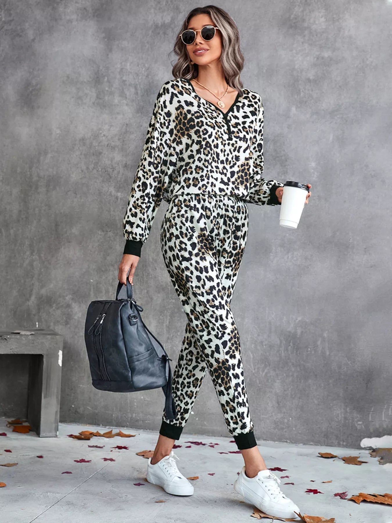 Leopard Long Sleeve Top and Pants Set OutfitFlow