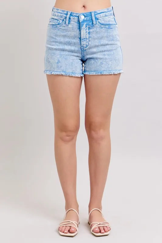 Judy Blue Full Size Mid Rise Garment Dyed Denim Shorts Plus Size CYAN OutfitFlow