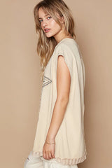 POL Star Patch Studded Sleeveless T-Shirt with Lace Hem OutfitFlow