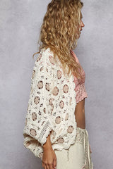 POL Openwork V-Neck Chenille Cardigan with Contrast Floral OutfitFlow