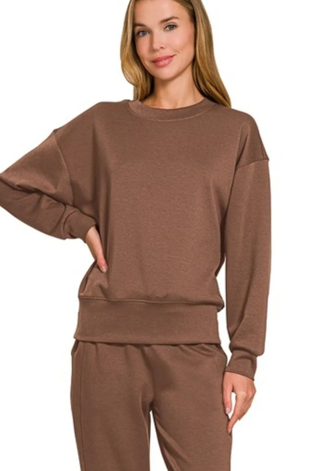 Zenana Scuba Crewneck Pullover & Joggers 2 Pieces Set OutfitFlow