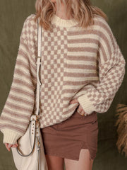 Checkerboard & Striped Pattern Knit Sweater OutfitFlow