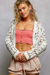 POL Button Down V-Neck Long Sleeve Cropped Crochet Cardigan OFF WHITE One Size OutfitFlow