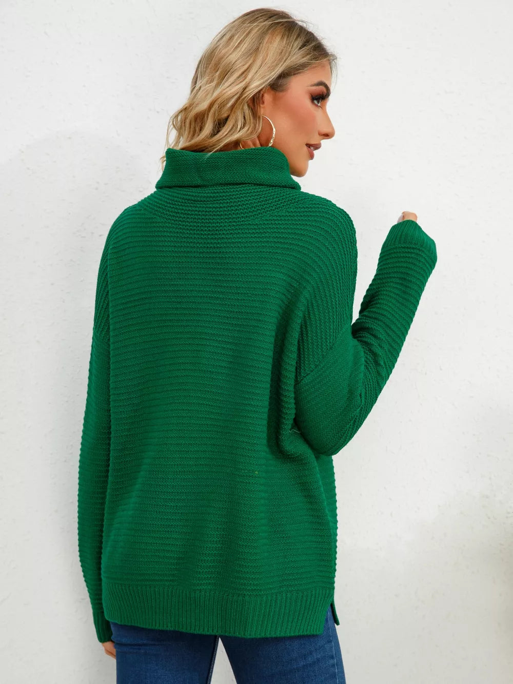 Slit Turtleneck Dropped Shoulder Sweater Trendsi