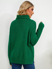 Slit Turtleneck Dropped Shoulder Sweater Trendsi