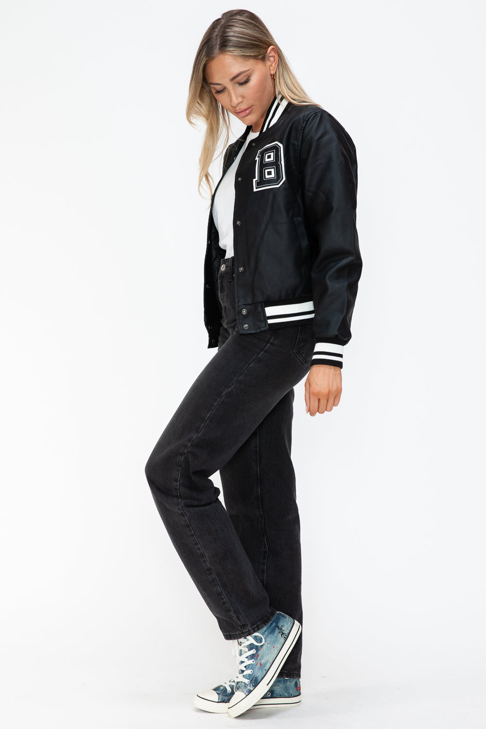 Outfit Flow - Love Me Now PU Leather Contrast Snap Down Bomber Jacket