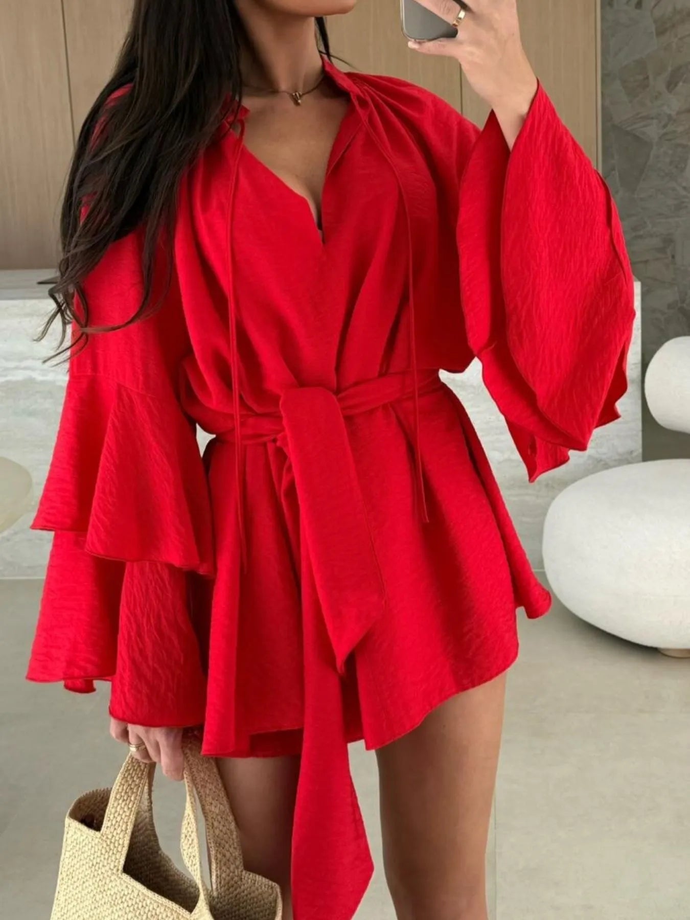 Bell Sleeve Tie Waist Mini Shirt Dress Red OutfitFlow
