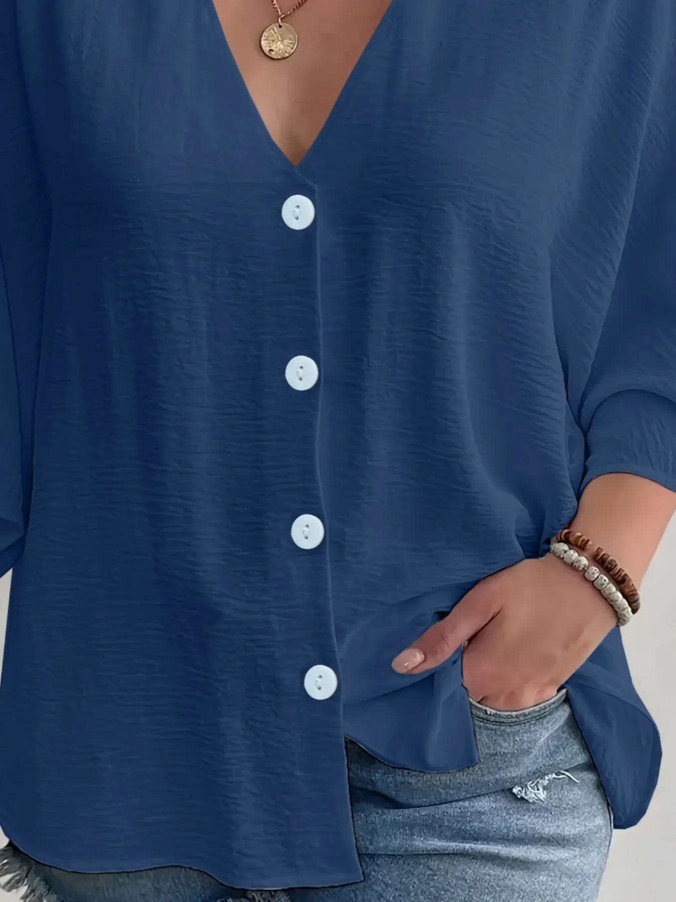 Full Size Casual V-Neck Button Down Relaxed Fit Blouse Plus Size OutfitFlow