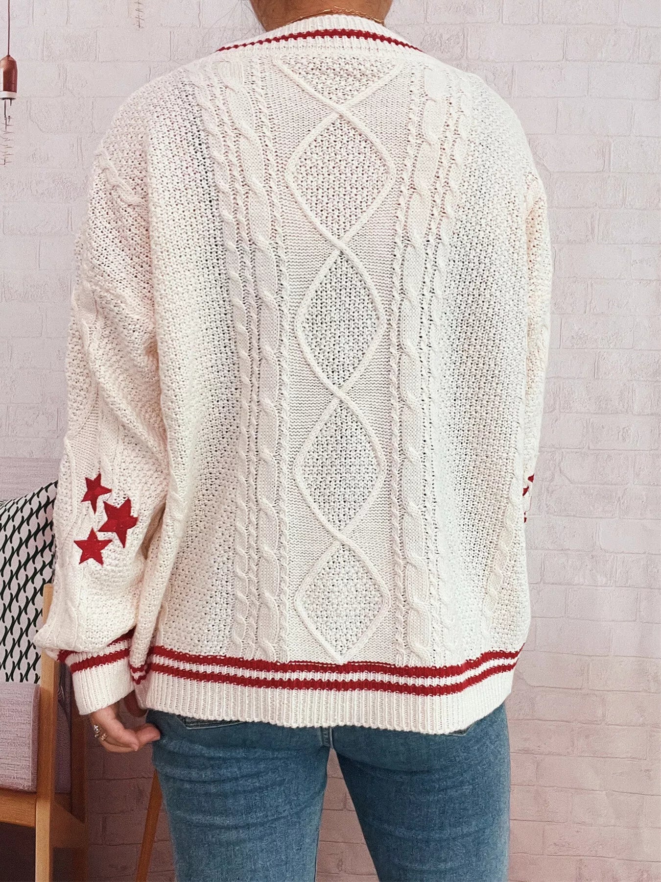 Star Pattern Button-Up Cardigan with Contrast Trim OutfitFlow