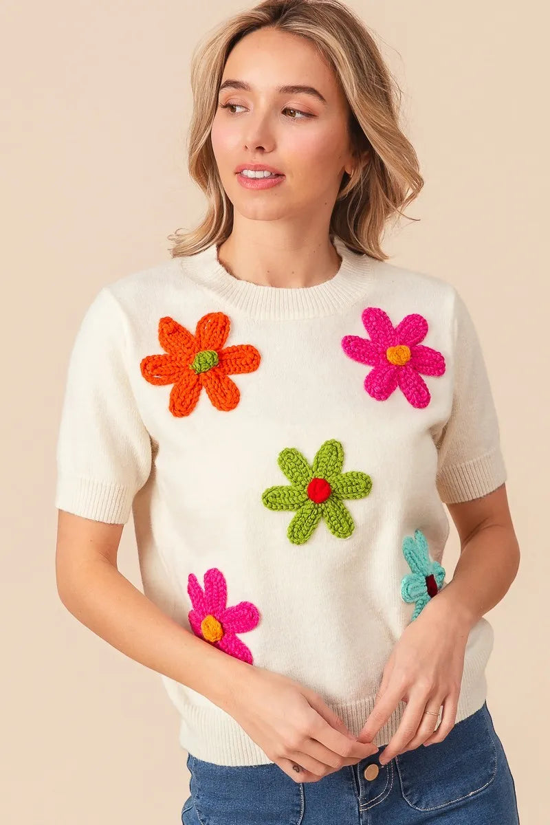 BiBi Crochet Flower Patch Sweater Top OutfitFlow