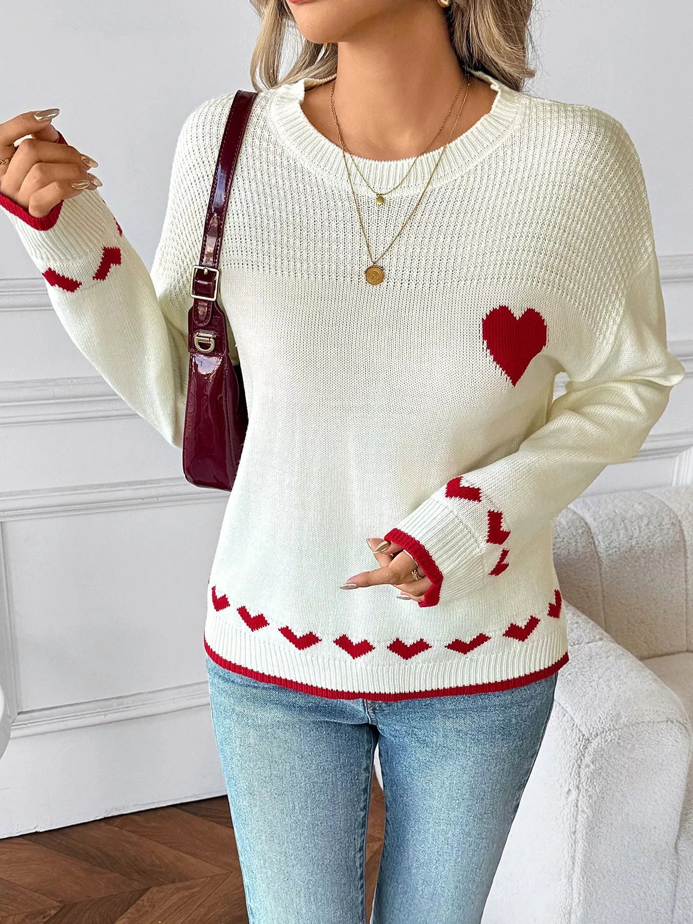 Heart Pattern Dropped Shoulder Sweater OutfitFlow