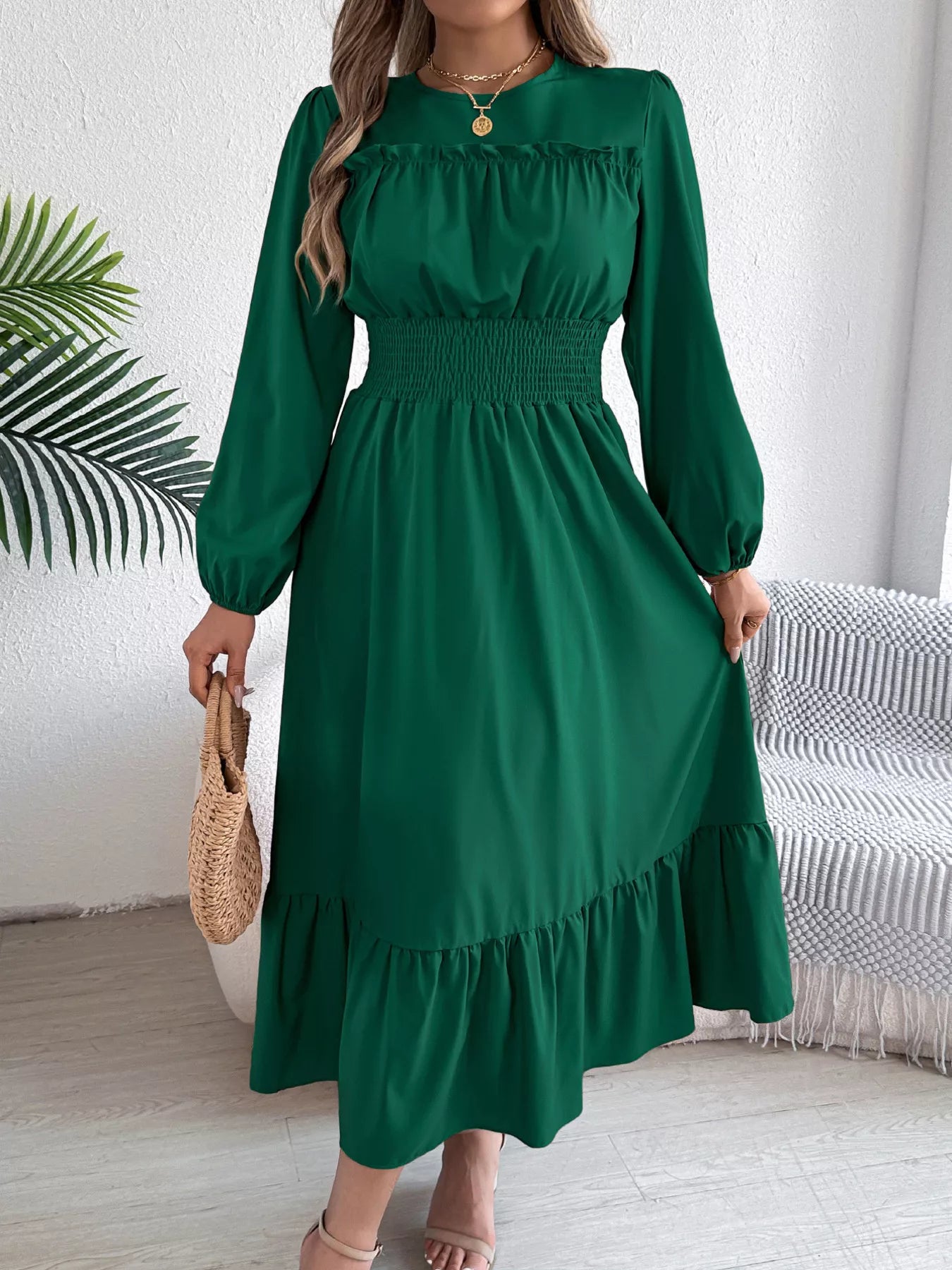 Round Neck Balloon Sleeve Tiered Dress OutfitFlow