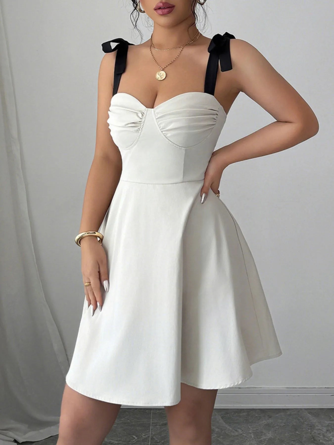 Sweetheart Neck Tie Shoulder Dress OutfitFlow