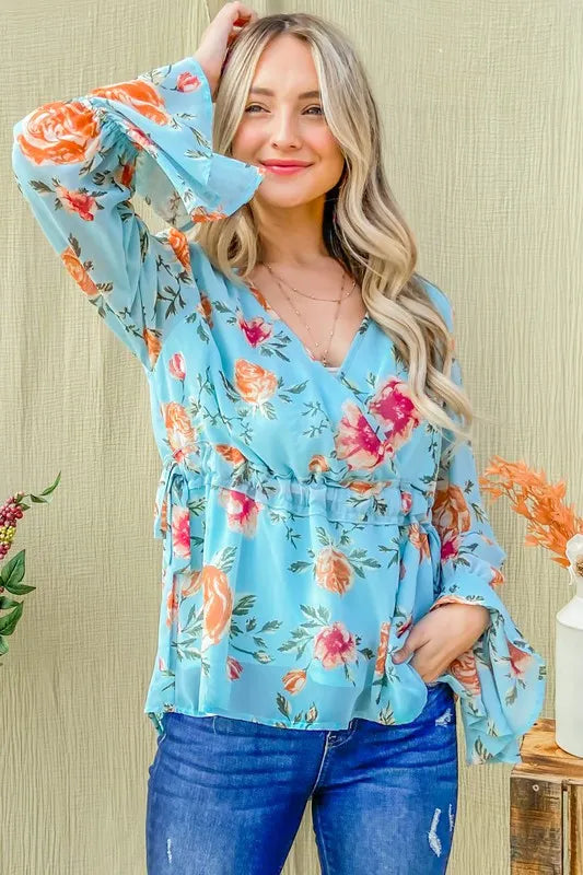 And The Why Floral Print Draw String Bell Sleeve Top OutfitFlow