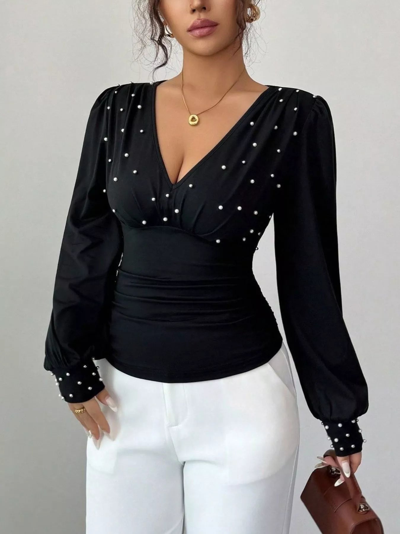 Pearl Embellished V-Neck Blouse Black OutfitFlow