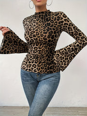 Leopard Mock Neck Flare Sleeve Top