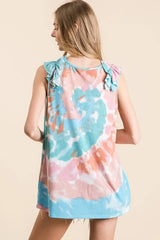 BiBi Circular Tie Dye Knit V Neck Top With Ruffle OutfitFlow