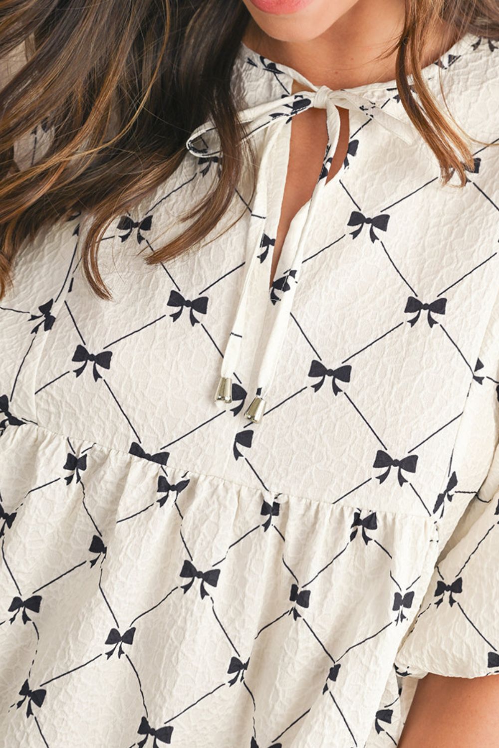 Bow Print Tie Neck Half Sleeve Dress OutfitFlow
