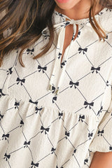 Bow Print Tie Neck Half Sleeve Dress OutfitFlow