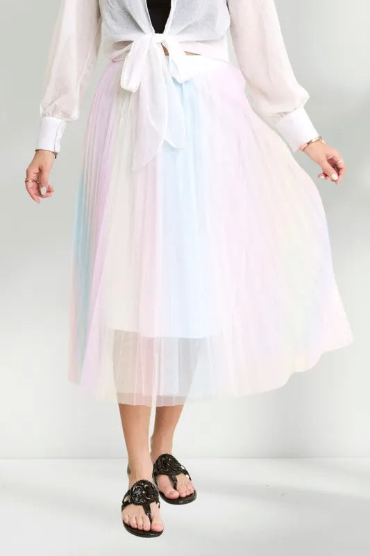 ADORA Unicorn Pleated Mesh Flare Midi Skirt OutfitFlow