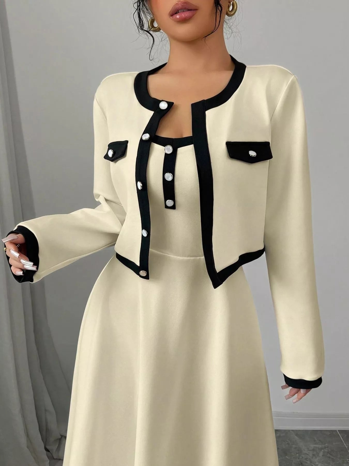 Contrast Trim Maxi Dress and Cropped Cardigan Set OutfitFlow