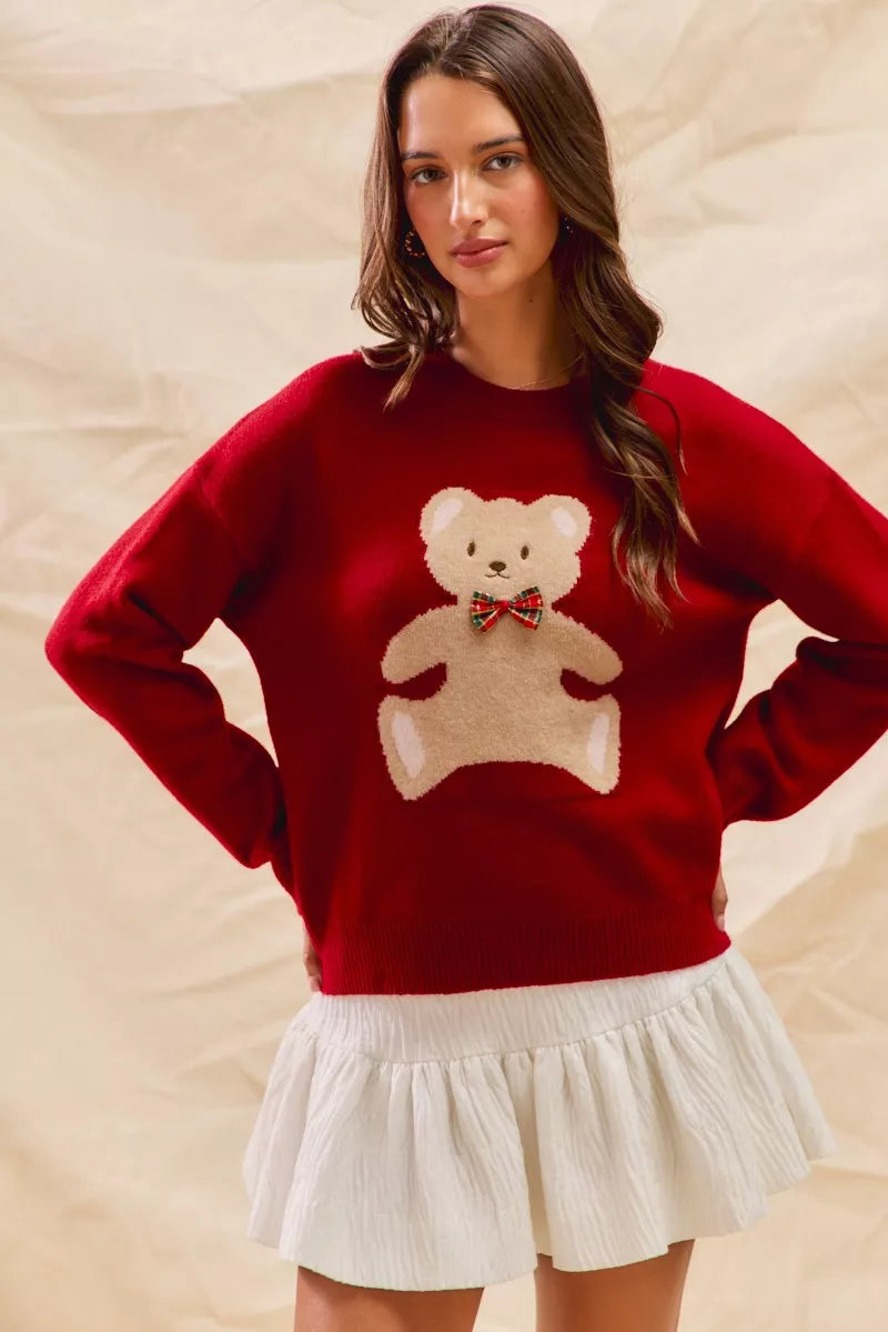 SO ME Teddy Bear With Check Ribbon Christmas Sweater OutfitFlow