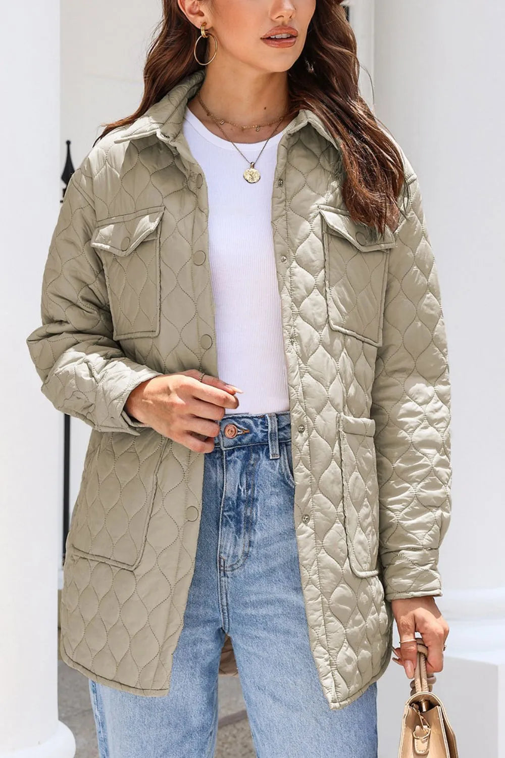Snap Down Collared Winter Coat Khaki OutfitFlow