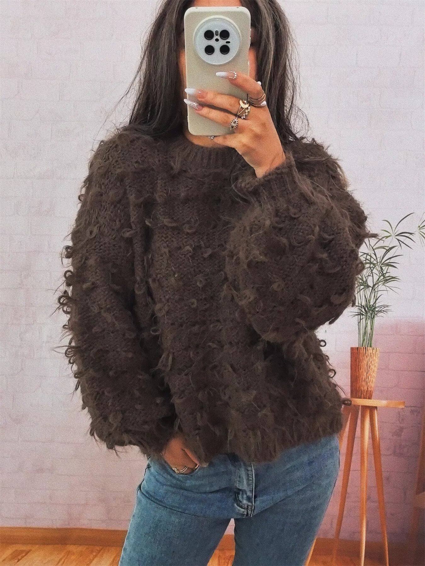 Chunky Round Neck Long Sleeve Sweater Brown One Size OutfitFlow