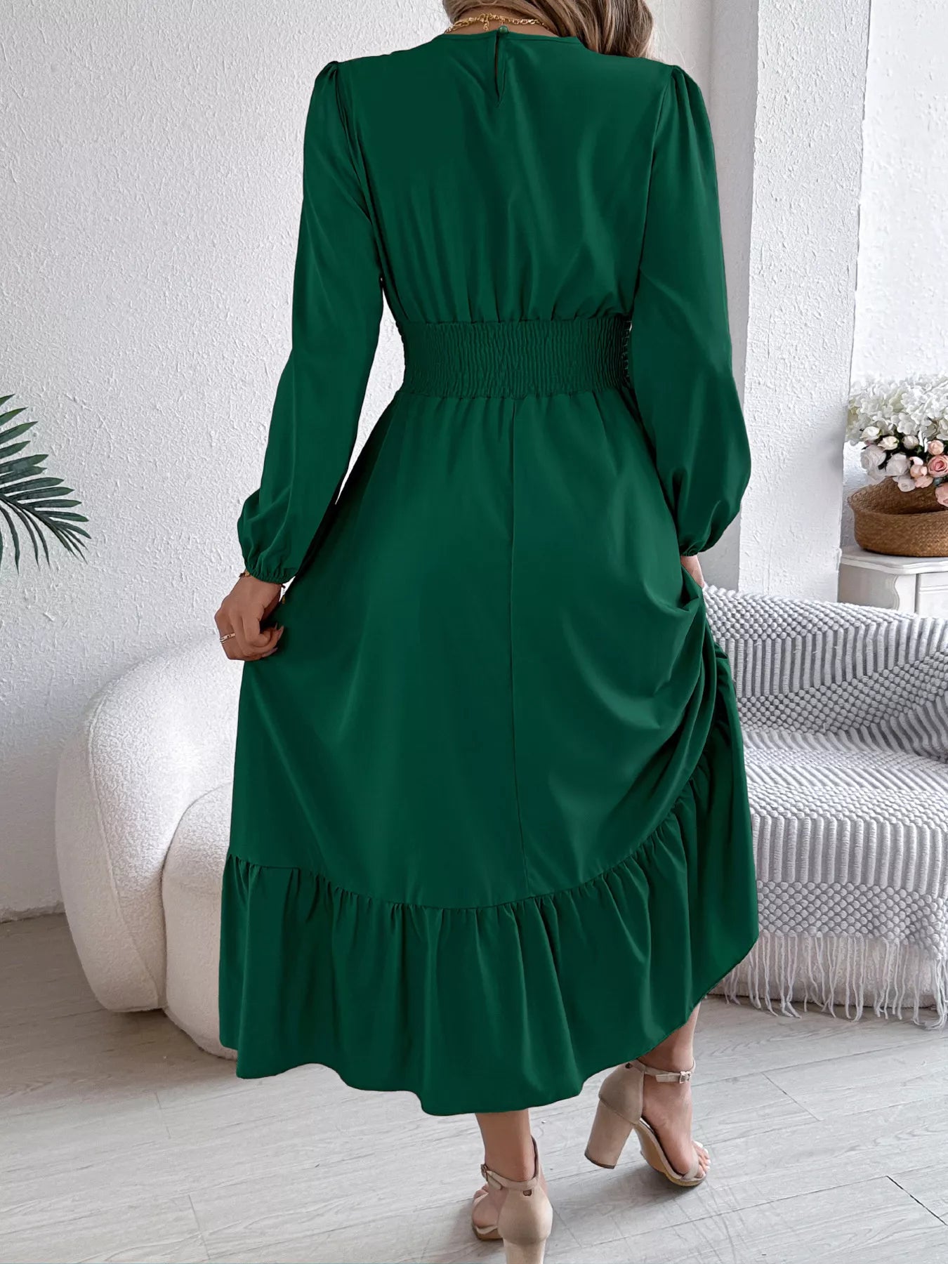 Round Neck Balloon Sleeve Tiered Dress OutfitFlow