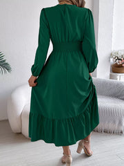 Round Neck Balloon Sleeve Tiered Dress OutfitFlow
