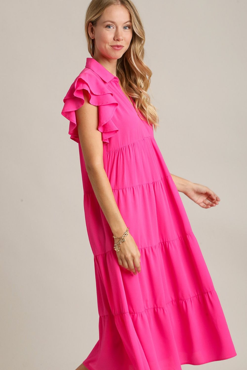 Umgee Full Size Johnny Collar Ruffle Cap Sleeve Tiered Dress Plus Size OutfitFlow