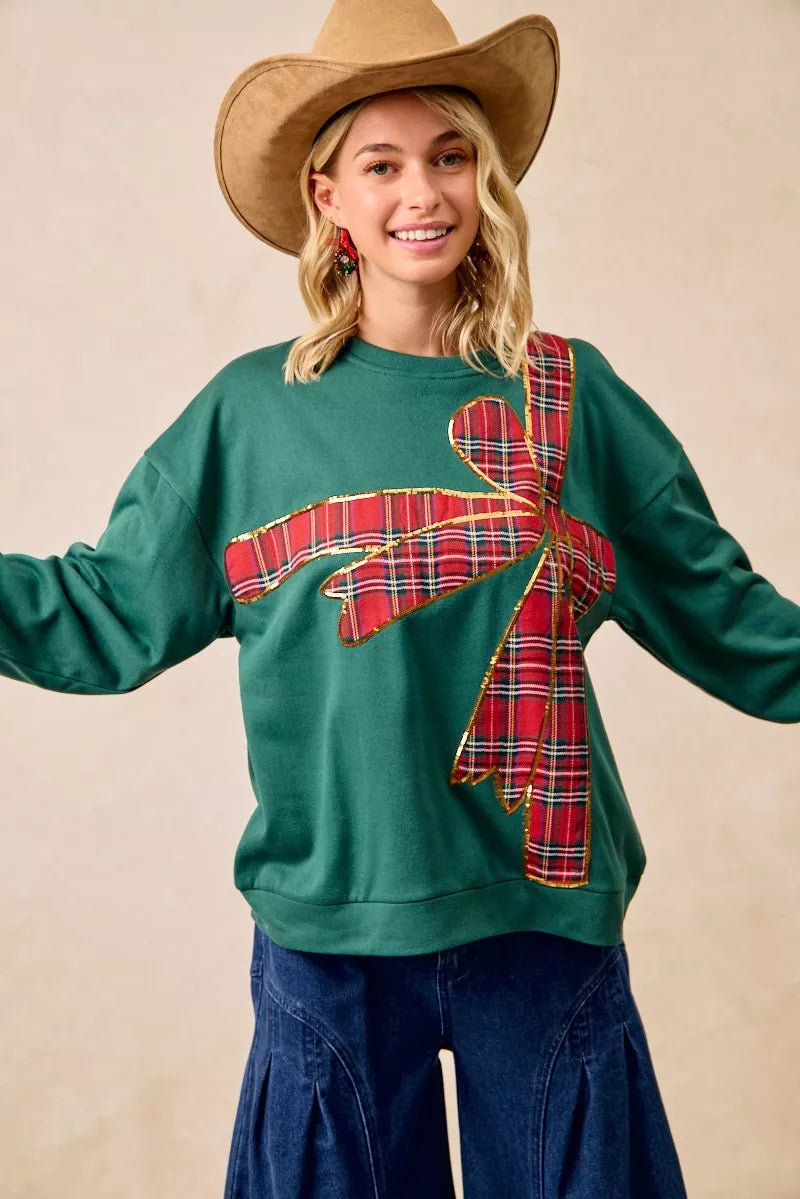 BiBi Plaid Ribbon Bow Detail Christmas Fleece Pullover OutfitFlow