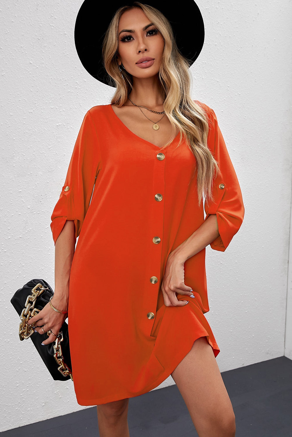 Buttoned V-Neck Dress Red Orange OutfitFlow